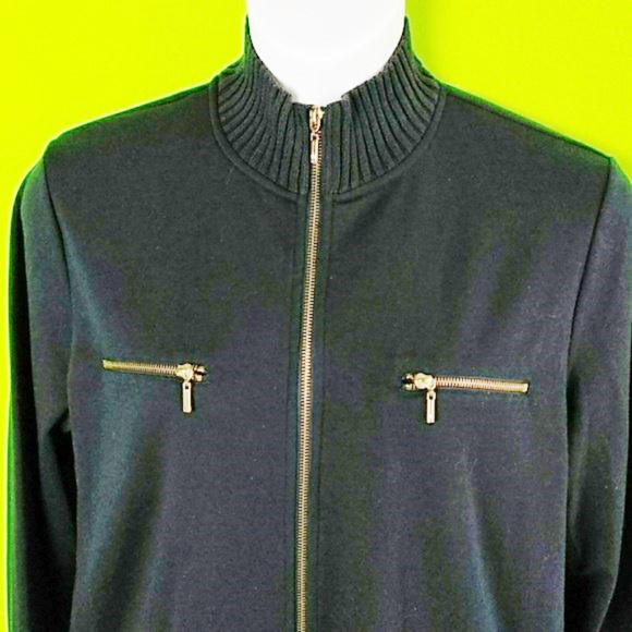 Brass toned zipper navy sweater by Drapers.  L. - Picture 5 of 8